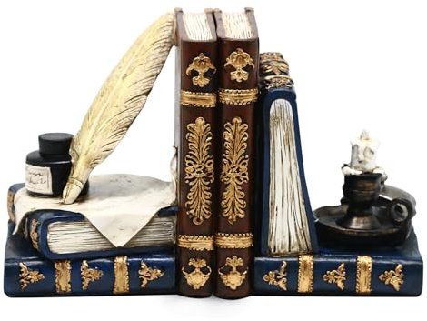 Vintage Buchstützen mit Einzigartige Wizard Federkiel Stift Tintenfass und Kerzenhalter, Antiken Stil Buchstützen, Hochbelastbare Bücherstützen für Regale Magische Heimdekoration