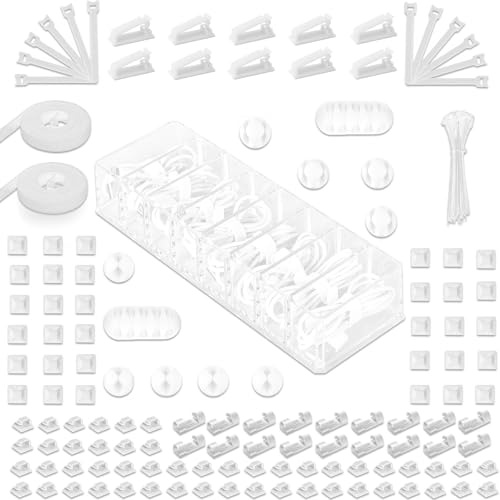 MiuCo 255Pcs Weiß Kabelmanagement Set Mit Kabelbox, Kabelhalter Selbstklebend, Rollenkabelbinder, Silikon Kabelclip, UV Kabelbinder, Selbstklebende Klettband, fur Kabelorganizer fur Schreibtisch