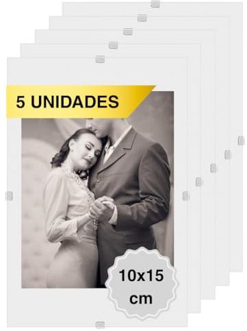 MARCOFOTO Set de 5 Marcos de Fotos – Marco Clip de Cristal sin Marco – Portafotos de Vidrio Transparente con Colgador – Diseno Minimalista para Fotos, Diplomas y Certificados – 10x15 cm