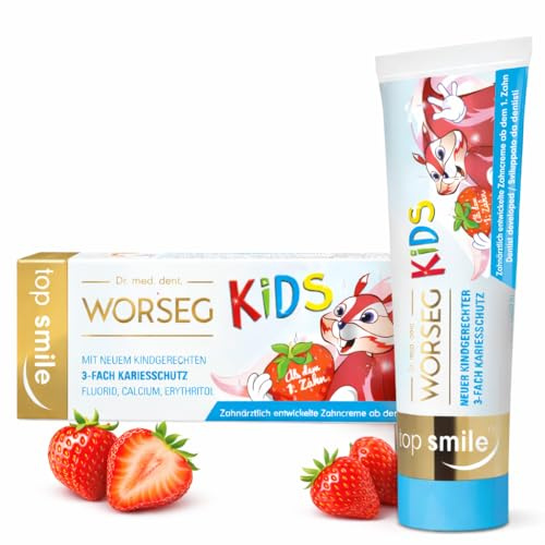 Dr. Worseg Top Smile Kids Zahngel Erdbeer-Geschmack – Zahnpasta für Kinder ab 0 Jahren – Fluorid + Calcium + Erythritol – Kariesschutz, 50ml