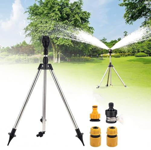 Rotating Tripod Sprinkler - Aspersor de trípode giratorio automático de acero inoxidable, trípode de riego telescópico para jardín, jardín, césped