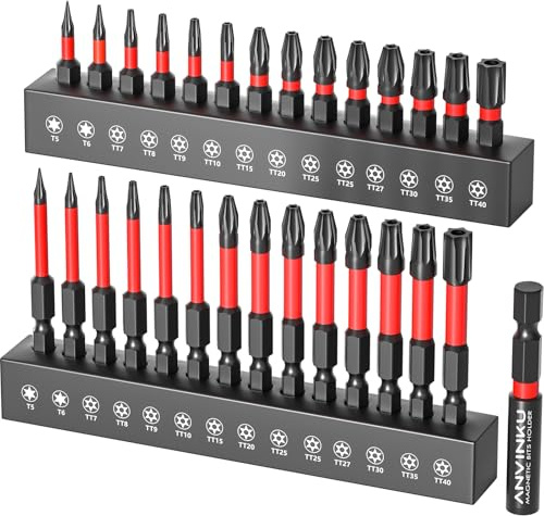 ANVINKU 29PCS Torx Bit Set, T5-T40 Torx Security Bits Set, S2 Steel 1'' & 2'' Tamper Proof Star Screwdriver Bit, Magnetic Security Screwdriver Bits with 2.3'' Quick Change Extension