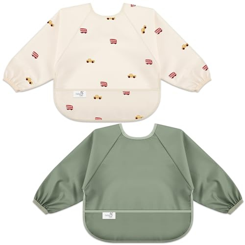 BebeBiu Long Sleeve Baby Bib, Waterproof Fabric, Full Coverage with Catch-All Pocket, Baby Smock Bib, Adjustable Sleeves Toddler bib for Ages 6-24 Months (Cars Sage, Small 6-24 Months)