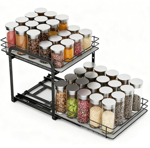 logei Estantería para especias extensible, 2 niveles, estante para especias, armario, organizador de cocina, organizador extensible, altura ajustable, encimera de pie, estante para especias para