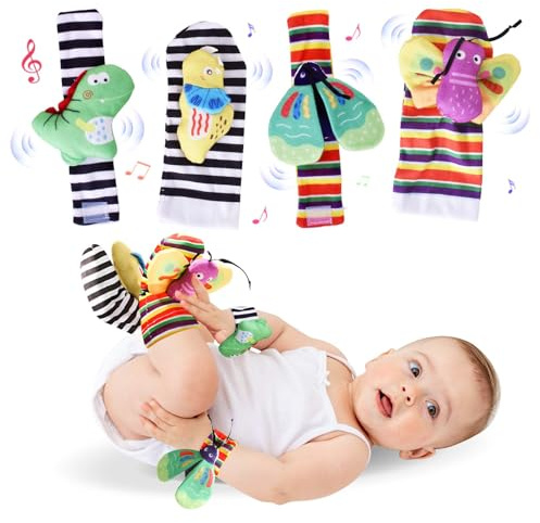 Giochi Neonato Calzini Sonaglio Sensoriali, 4 Pack Calzini Sonaglio Neonato, Sonagli Sensoriali per Bambini, Animale Sonagli da Polso Cinturino Giocattolo, Giocattoli Educativi per Neonati 0-12 Mesi