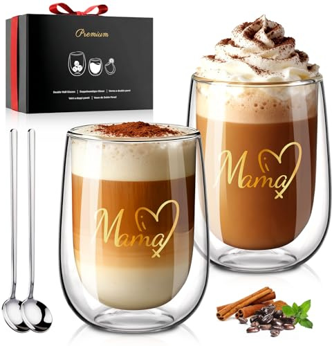 glas premium dubbelväggiga latte macchiato-glas uppsättning om 2 | MAMA | – utan förseglat hål – 350 ml dubbelväggiga kaffeglas dricksglas presenter till mamma på födelsedag mors dag årsdag