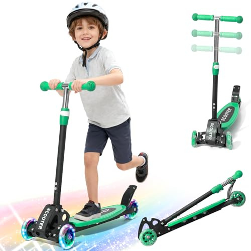 Kids Kick Scooter - LED Light Up 3 Wheel Kick Scooter for Kids 3-5, Adjustable Handlebar Height, Long Anti-Slip Deck,Heavy Duty Metal Scooters for Boys Girls Ages 3-5 5-7, up to 150 Lbs