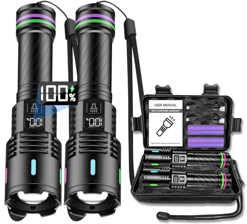 Leerweii 2 Pack Torches LED Super Bright 1000000 Lumens with LCD Power Display, Powerful Torch Rechargeable, 3 Lighting Modes, Zoomable, Small Torch for Dog Walking Camping Emergency