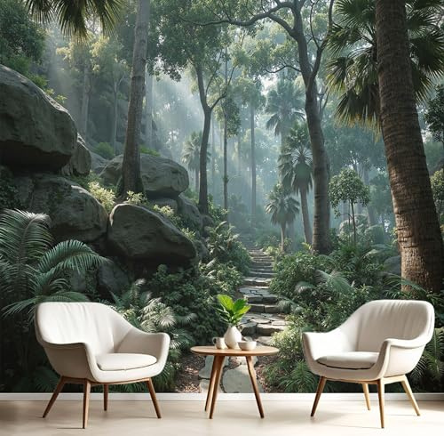Carta Da Parati Fotografica 250X175Cm Sentiero Roccioso | Foresta Tropicale Poster Murale Soggiorno Camera Da Letto | Grande Fotomurali Murale Decorazione Della Parete | Verde Oliva