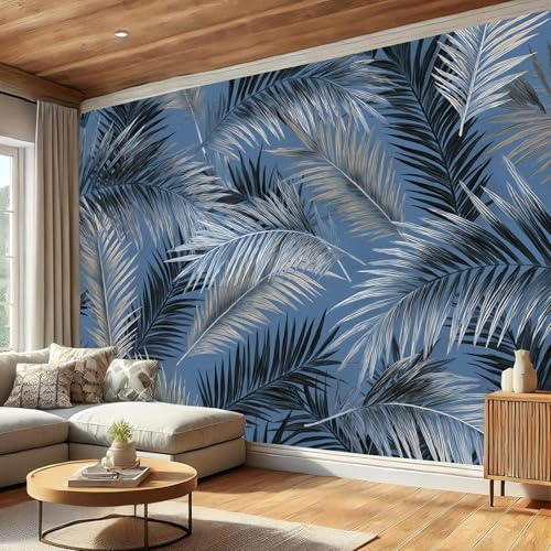 Papel Pintado Hojas Palma Plateadas De Seda, 450×315 Cm, Lujo Moderno, Fondo Pantalla Personalizable, Azul Oscuro Adecuado Para Sala Estar, Dormitorio, Pared Oficina