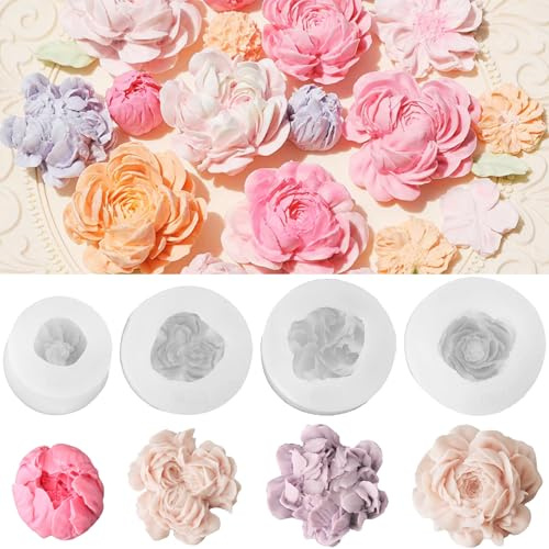 4 Stück Pfingstrose Blume Kerzenform Silikon,Silikonform Blumen,Blumen Kerzenform Silikon,3D Pfingstrose Silikonform,Rosen Haare Kleine Medikamente Pfingstrose,für DIY Herstellung,Gebäck