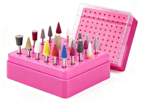 Lumcoyee 2 in 1 Nail Drill Bit Holder , 100 Holes Nail Drill Bits Organizer Display Stand Container Box, Manicure Drill Cleaning Brush, Professional Box Container for Manicure Tools (hot pink)