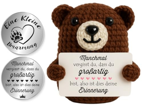 Tixlux Pocket Hug Glücklicher Bär, Kreative Strickwolle Bär Dekofigur und Kleine Umarmung Glücksbringer (Grau), MutmacherGeschenk, Gute Besserung Geschenk, Einschulung Geschenk （Erinnerung）