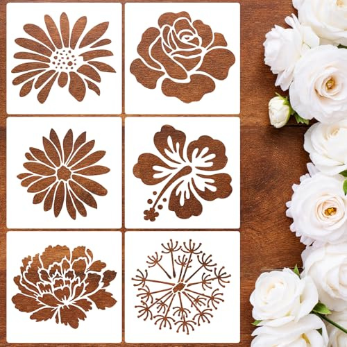 JSRQT 6 Stück Große Blume Schablonen zum Malen von Holz, Wänden, Möbeln und Stoffen, Rosen Gänseblümchen Sonnenblumen Malschablonen für Gartenzäune, DIY-Dekoration, 30cm