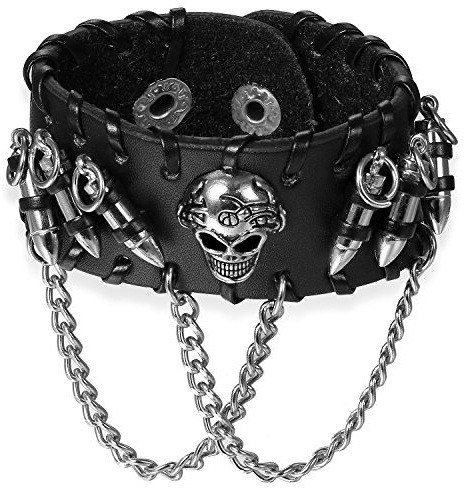 JewelryWe Schmuck Herren Breites Biker Lederarmband, Gotik Punk Rock Leder Armband Armreif mit Ketten, Druckknopf, Verstellbaren Größen, Schwarz Silber