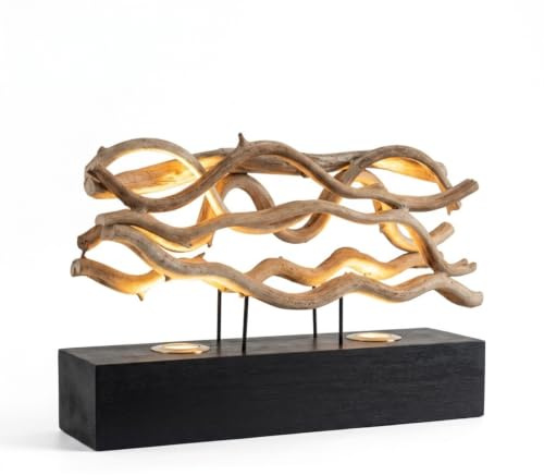 Kinaree Lianen Holz Tischlampe CHUMPON – Lampe aus Thailand mit 2 LED Spots, 62 cm, für Sideboard & Konsole mit schwarzem Sockel