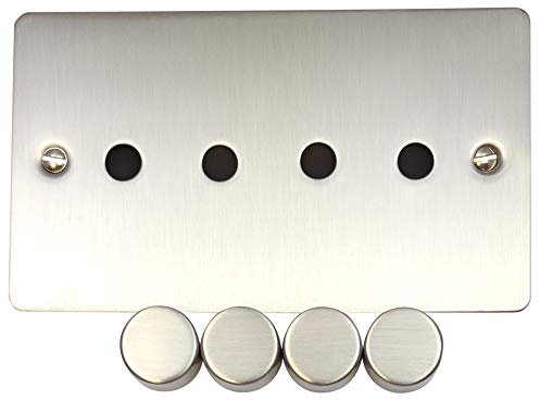 G&H FSS14-PK Flat Plate Brushed Steel 4 Gang Dimmer Plate Only inc Dimmer Knobs