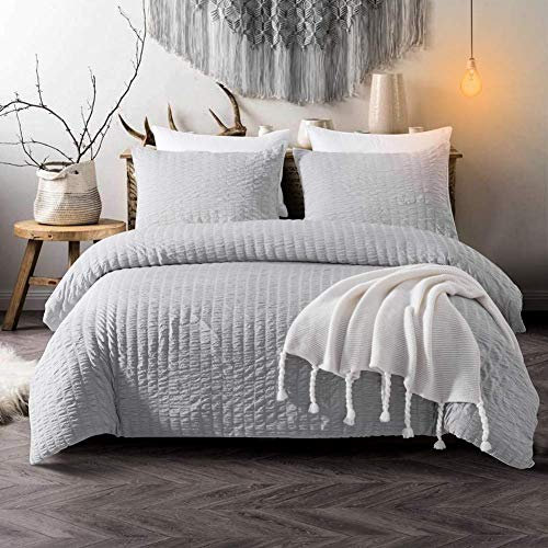 [hachette] SEERSUCKER DUVET COVER BEDDING BED SET WITH PILLOWCASES (Grey Silver, Double)