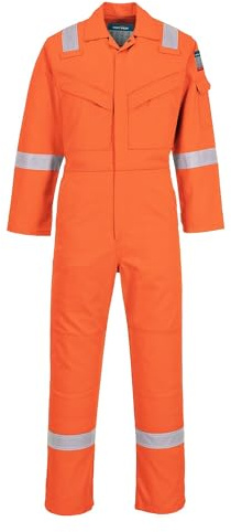 Portwest FR21 Anti-Statisk Overall 210g Lättvikt Flamskyddad 2 Bakfickor | Orange, XL, EN ISO 11612, EN ISO 11611, EN 1149-5, Unisex, 99% Bomull, Reflekterande, Mässing Dragkedja, Knäskyddsfickor