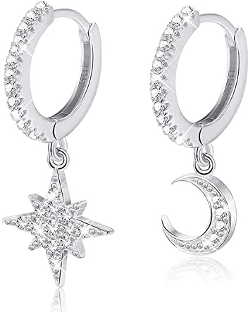 Milacolato 925 Sterling Silber Hängend Ohrringe CZ Hänge Creolen Mond und Stern mit Anhänger Mini Asymmetrische Cartilage Hängende Huggie Ohrringe Damen