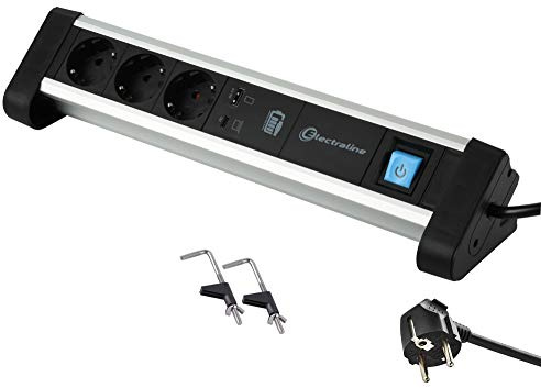 Electraline 62556 grenuttag 3-vägs aluminium för skrivbord med 2 USB 60 W (1 typ C PD för laddning av datorer + 1 USB 3 A) kabel 2 m/bordsuttag gren/mångsidigt skrivbord