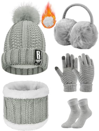 Tuopuda Wintermütze Handschuhe Damen Warme Beanie Winter Mütze Strickmütze Schal Gestrickte Handschuhe Verdickte Socken Plüsch Ohrenschützer Kombi Set Geschenk für Outdoor Sport Wärmen, Grau