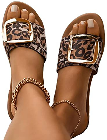 Minetom Sandales Femmes Plates Sandales Été Bout Ouvert Metallic Boucle Plage Vacances Loisir Nu-Pieds Chaussures