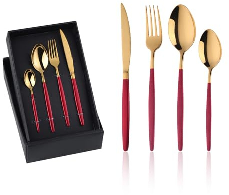 YDware 16 Stück Besteck Set Rot Gold, Besteck Set aus Edelstahl, Besteck für Haus Küche Restaurant Gabeln Löffel Teelöffel Steakmesser Cutlery Set mit Geschenkbox, Für 4 Personen