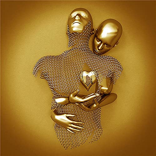 CZYSKY Scultura astratta da parete in 3D, con cuore e innamorati, in metallo, su tela, dipinto, decorazione da parete per soggiorno, camera da letto, ufficio, oro (A-Gold), 50 x 50 cm