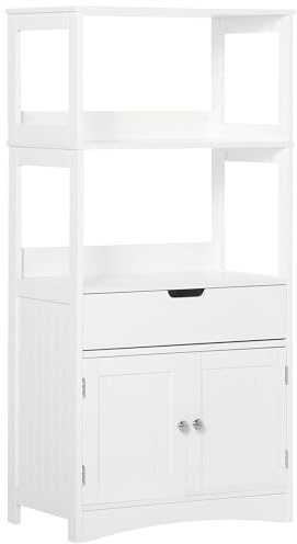 kleankin Förvaringsskåp för badrum - 2 dörrar, låda, 3 hyllor - dim. 60 L x 33 l x 122H cm - MDF vit