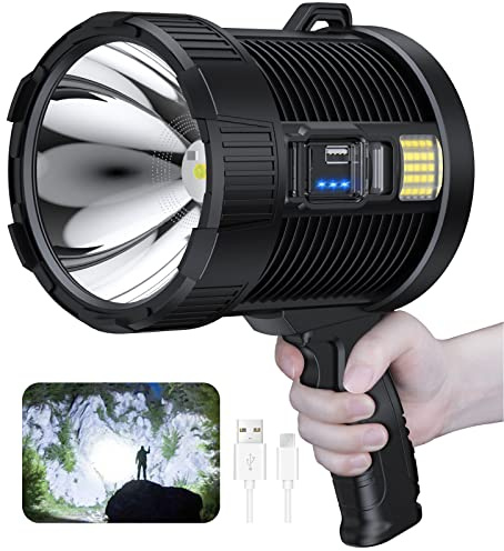 NiaoChao Projecteur LED rechargeable, 990 000 lumens, grande lampe de poche super lumineuse pour l'extérieur, projecteur solaire avec lumière épi, 6 modes, étanchéité IPX5