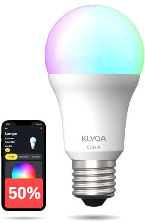 Klyqa E27 Color WLAN Lampe I Smarte LED Glühbirne mit Farben und Kalt- & Warmweiß I Kompatibel mit Smart Home Lösungen & Sprachassistenten I Dimmbar via App I Helle Lampe mit 1055 lm