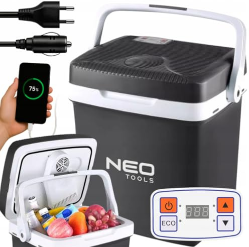 NEO TOOLS Reisekühlbox 2 in 1 Heizen und Kühlen, 3.8kg, 26l, Abmessungen | 405x320x430mm, Eco-Modus, Stromversorgung 230V und 12V, Elektronisches Bedienfeld, Netzkabel HO3VVH2-F, USB-Anschluss