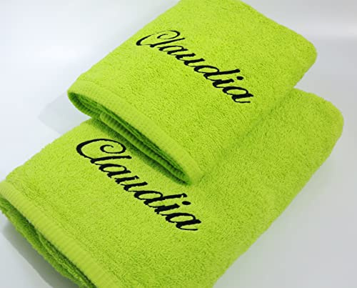 Generisch ★ Handtücher Set 2-TLG. - Duschtuch 70x140 + Handtuch 50x100 mit Namen Bestickt ★ Geschenk ★ Badetuch ★ 500 g/m2 ★ 100% Baumwolle ★ SUPER QUALITÄT ★ (2-TLG. - 70x140 cm + 50x100 cm, Grün)