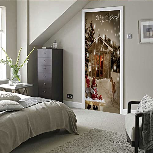3d tapete selbstklebend 90x200cm(35.43 inches * 78.74 inches) Holzhaus Elch Kunst Tür Aufkleber 3D Mode Aufkleber Kunst Dekor Wand Fenster Tür Aufkleber abnehmbare Wandplakat