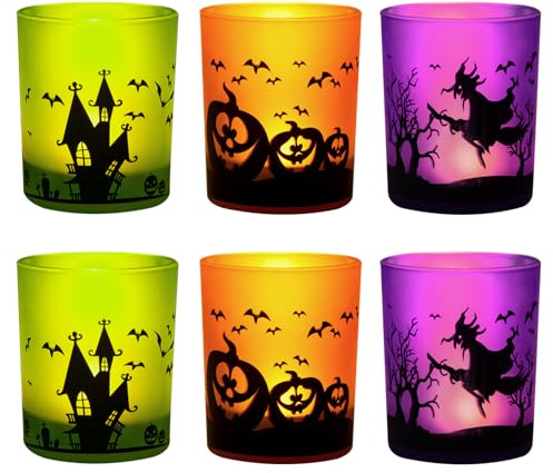 MJ PREMIER Halloween Dekoration Teelichthalter, 6 Stück Kerzenhalter 7x7x8 cm, Kürbis und Hexe Windlicht, Teelichtgläser für Halloween Deko, Tischdeko, Party, Geschenk