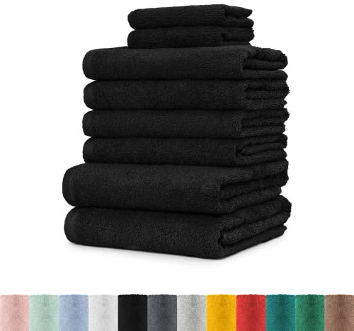 BaSaTex - 8er Pack Handtuch Komplett-Set - Frottee-Handtücher mit Aufhängeschlaufe 4X Handtuch, 2X Duschtuch, 2X Gästetuch - Premium Gästetücher Öko-Tex Standard 100 Zertifiziert - schwarz