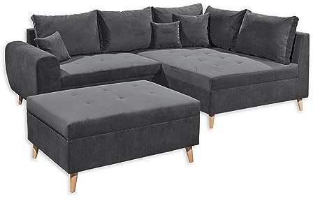 Stella Trading CALANDA Ecksofa mit Hocker, Stoffbezug Anthrazit - Moderne Eckcouch mit Kissen & Massivholz Füßen - 249 x 94 x 175 cm (B/H/T)