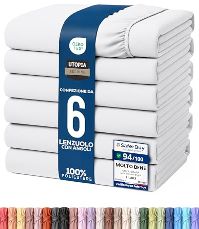 Utopia Bedding Juego de 6 Sabana Bajera 180x200 - Blanco - Bolsillo Profundo - Microfibra Cepillada (Cama 180)
