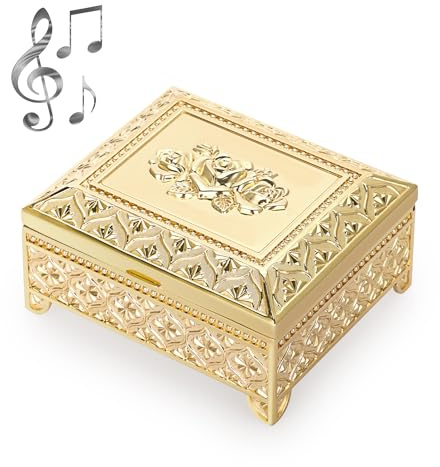 ELLDOO Vintage Music Box, Gold Metal Musical Jewelry Box Keepsake Box, Rose Pattern Small Trinket Jewelry Storage Box Gift for Girl Women (Tune: You are My Sunshine)