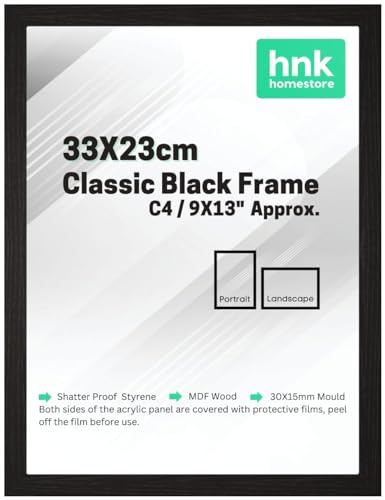 HNK Classic Picture Poster Frame, 33x23cm Black Wood Finish, Portrait/Landscape Display Rectangle 13x9, C4 Frame