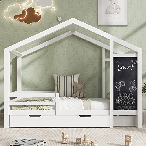 ZUUYEE Kinderbett 90x200, Hausbett mit Tafel und 2 Schubladen, Kinder Bodenbett Holzbett mit Zaun und Lattenrost, ohne Matratze, Weiß