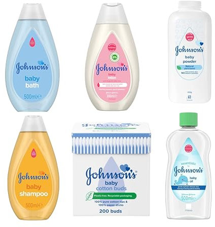 Johnson's Baby Bath Time Bundle & Baby Cotton Buds 200: Sanfte tägliche Pflege Babyshampoo, Babyöl, Babylotion, Babypuder & Babybadewanne Set Komplette Pflege für die zarte Haut Ihres Kleinen
