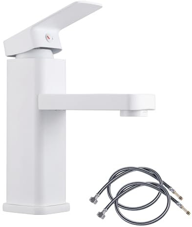 White Bathroom Basin Tap Washroom Hot and Cold Mixer Tap Single Lever Bathroom Sink Faucet with 80CM UK Standard Hoses