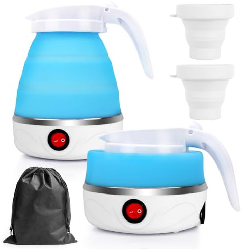 RANJIMA Hervidor de Agua Eléctrico Plegable 0,6 Litros Mini Hervidor Eléctrico de Silicona, Hervidor Portátil de Camping Kettle Mini Hervidor de Viaje con 2 Vasos Plegables para Camping Viaje Exterior