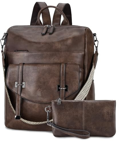 Kasgo Sac a Dos Femme Cuir PU, Grand Set de Sac à Main Porté Dos 14 Pouces Multi-poches Élégant Convertible Antivol avec Pochette pour Voyage Travail Café