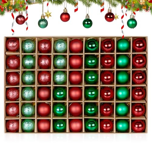 Anstore 54er Weihnachtskugeln Rot Grün Set, Kunststoff Weihnachtsdeko Weihnachtsbaum Deko & Christbaumschmuck, Christbaumkugeln Ornamente Weihnachtsbaumschmuck für Partei