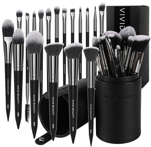VIVID BEAUTY 18 Pcs Pro Deluxe Makeup Brushes with Travel Case, Premium Powder Foundation Blending Concealer Blush Eyeshadow Face and Eye Make up Brush kit with labels for Beginner(Black)