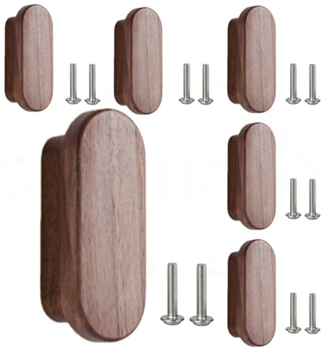 SANCHAKOU Manopole Per Mobili 6 Pezzi Anta Sagomata Maniglia In Legno Massello Cassettiera Per Mobili Maniglia In Legno Noce Nero 32Mm