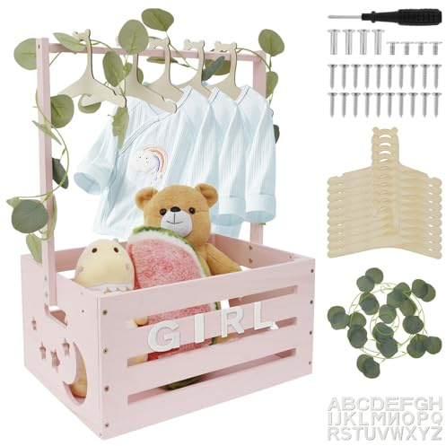 Caisse de rangement pour fête prénatale avec 10 cintres et guirlande verte, panier de rangement en bois avec poignée, panier de rangement décoratif pour vêtements de bébé, cadeau de grossesse (rose)